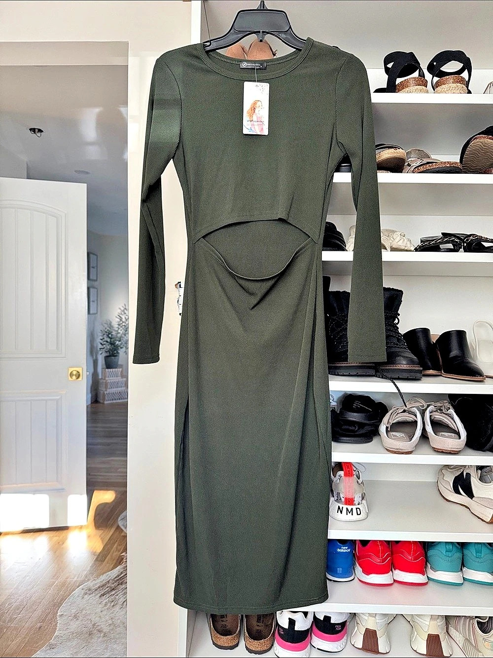PrettyGarden Women'Small Long Sleeve Midi Bodycon Dress Cutout Ribbed Knit